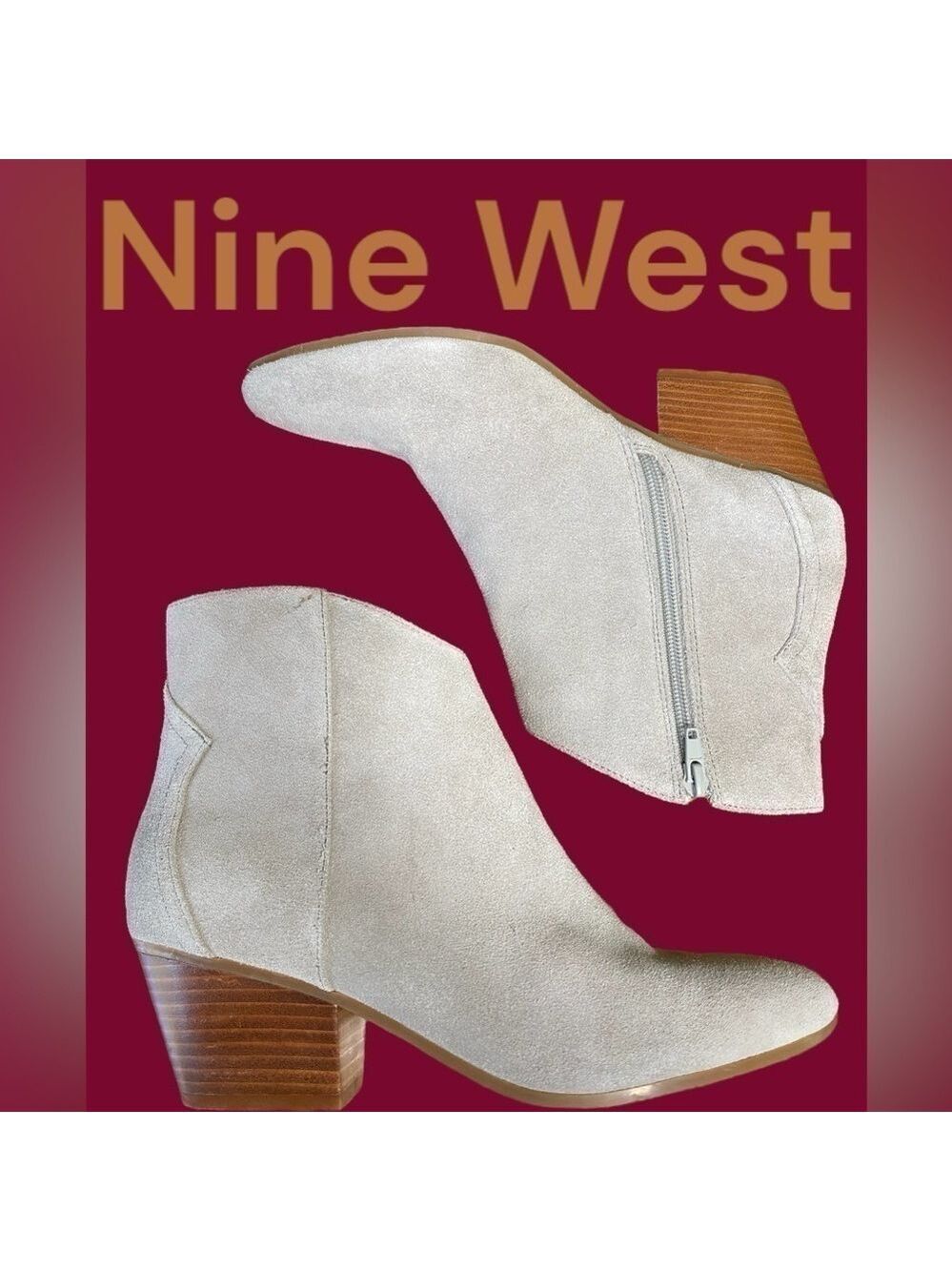 Nine West-NWT size 8.5 light putty gray “tristan” suede bootie.Side zip, 2” heel - Picture 3 of 14